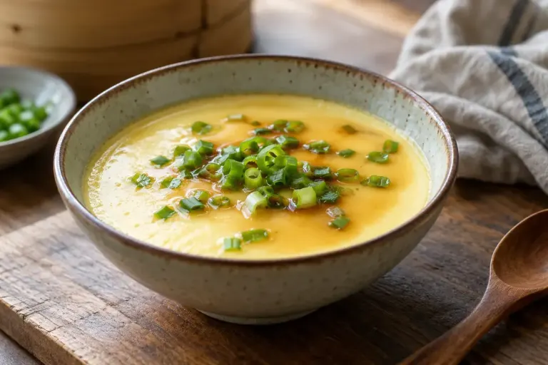 Silky Chinese steamed egg custard in a shallow ceramic bowl with scallions.