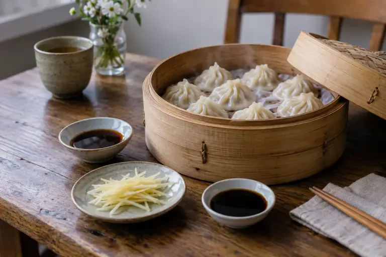 Small bowls of dark vinegar and soy sauce beside steamed dumplings and julienned ginger.