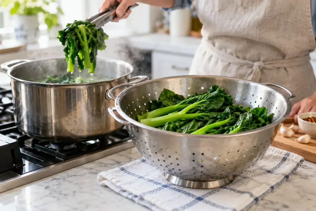 Fresh chinese broccoli draining in a colander beside a pot in a bright home kitchen.