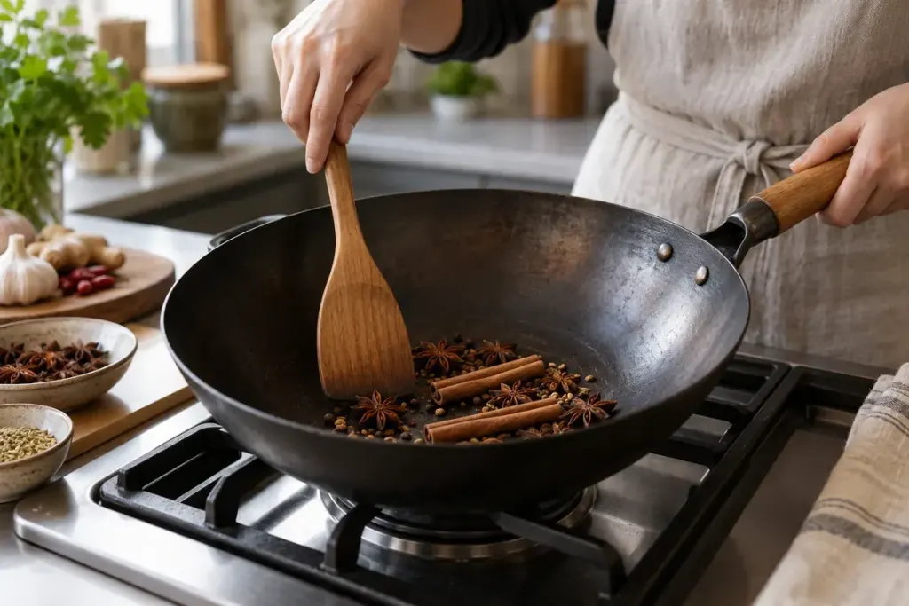 Whole spices being stirred in a wok before other ingredients are added.