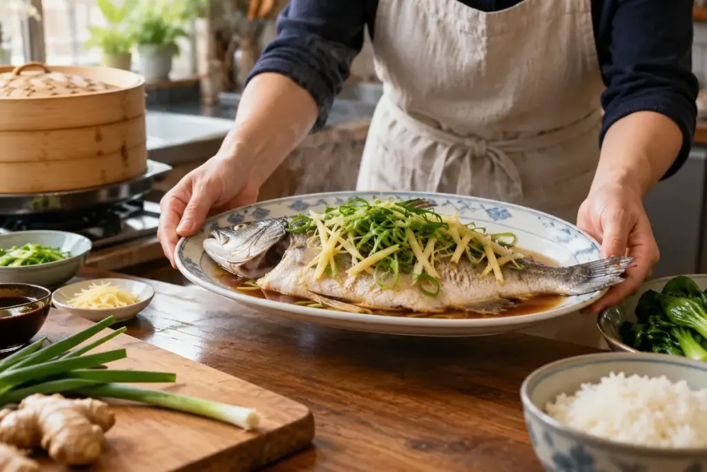 A home cook serving a steamed whole fish with ginger and scallions on a platter, realistic Chinese home kitchen.