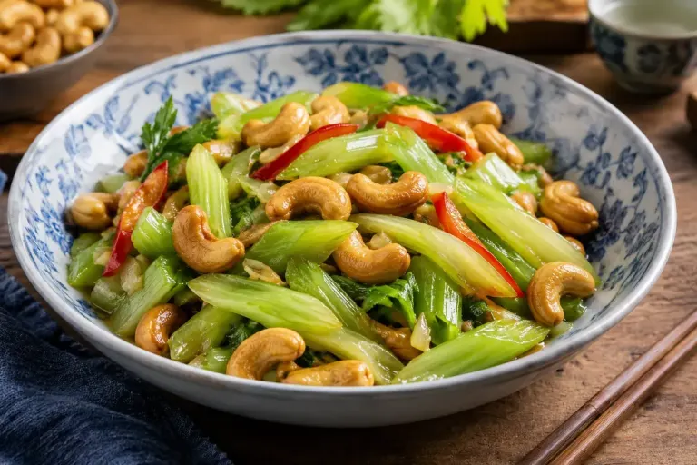 Celery and cashew stir fry in a chinese-style ceramic serving bowl.