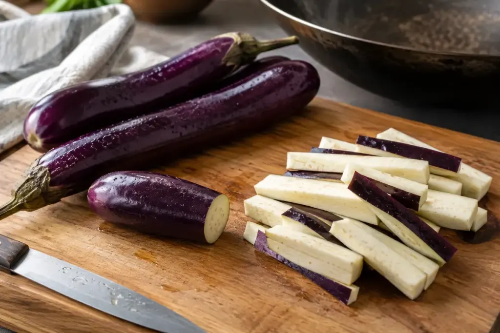 Long purple eggplants and evenly cut batons on a wooden kitchen board.