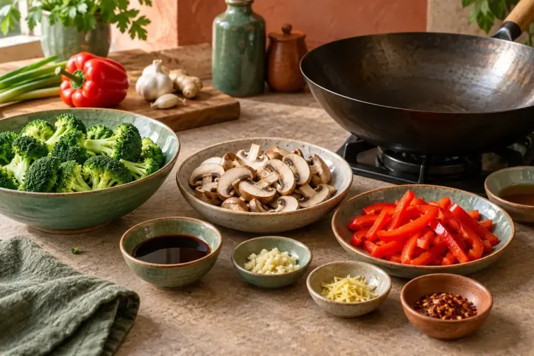 Prepared vegetables, sauce bowls and a wok