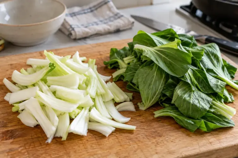 Fresh bok choy with pale stems and green leaves separated neatly on a kitchen board.