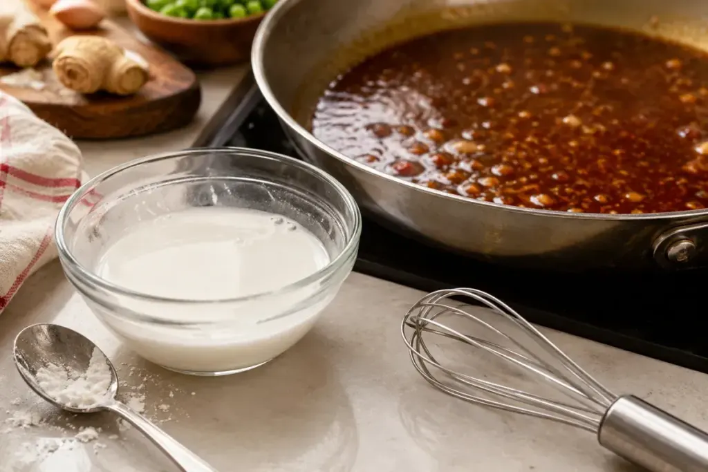A small bowl of cornstarch slurry beside a pan of sauce.