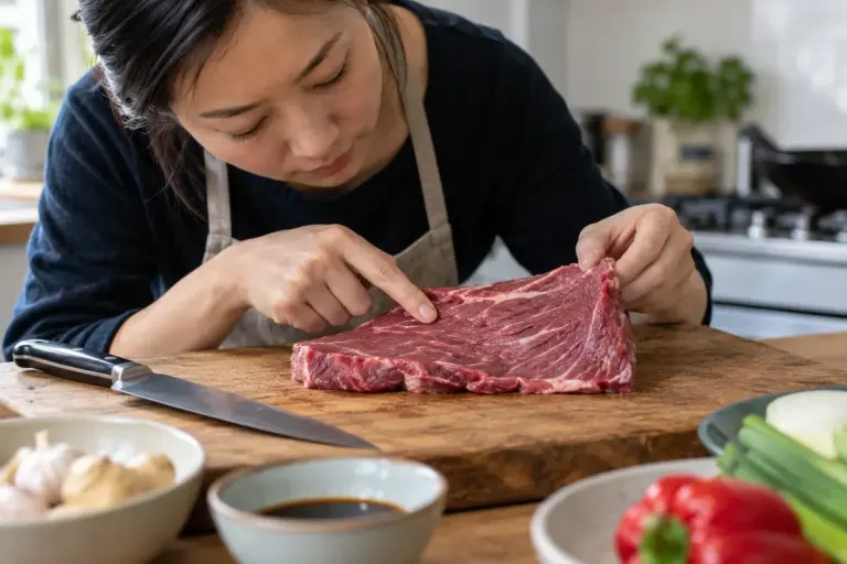 A cook examining the direction of muscle fibres in a raw beef steak on a dedicated cutting board.