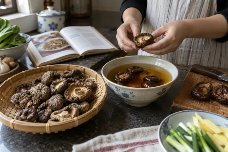 Dried shiitake mushrooms beside plump rehydrated shiitake and a bowl of amber soaking liquid on a chinese home kitchen counter.