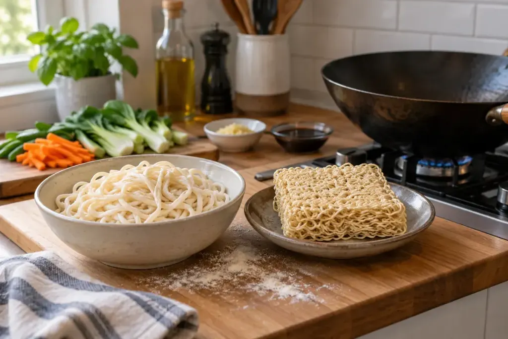 Fresh wheat noodles and dried noodles arranged separately beside a wok in a home kitchen.