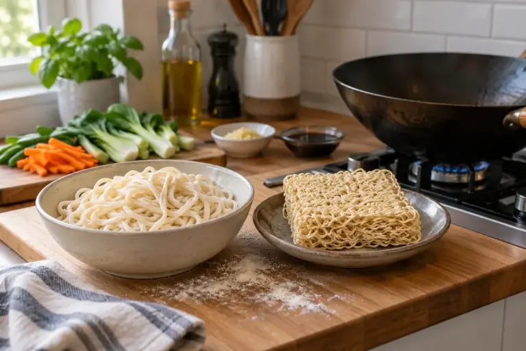 Fresh wheat noodles and dried noodles arranged separately beside a wok in a home kitchen.