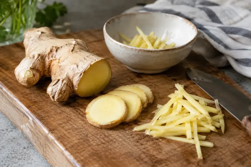 Fresh ginger sliced into coins and thin matchsticks on a wooden board beside a simple ceramic bowl.