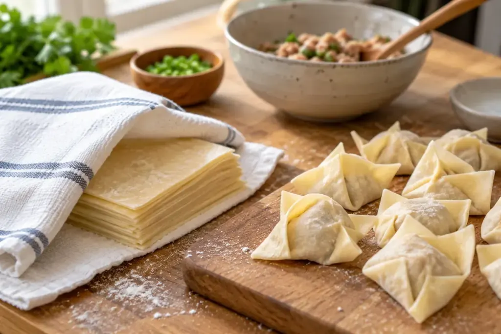 Wonton wrappers covered by a clean towel beside neatly folded wontons.