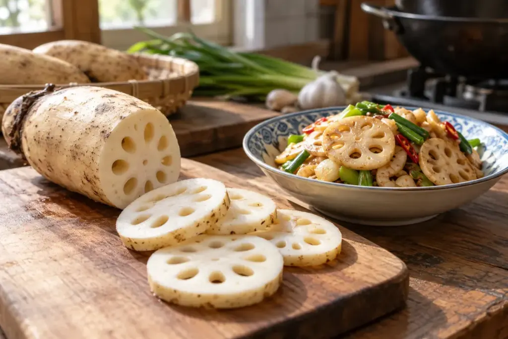 Sliced lotus root beside a prepared vegetable stir-fry.