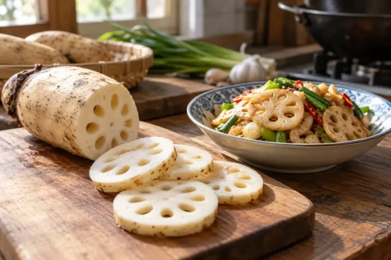 Sliced lotus root beside a prepared vegetable stir-fry.