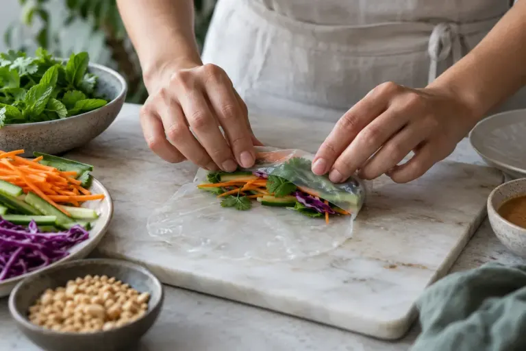 Hands rolling translucent rice paper around colourful vegetables on a clean board.