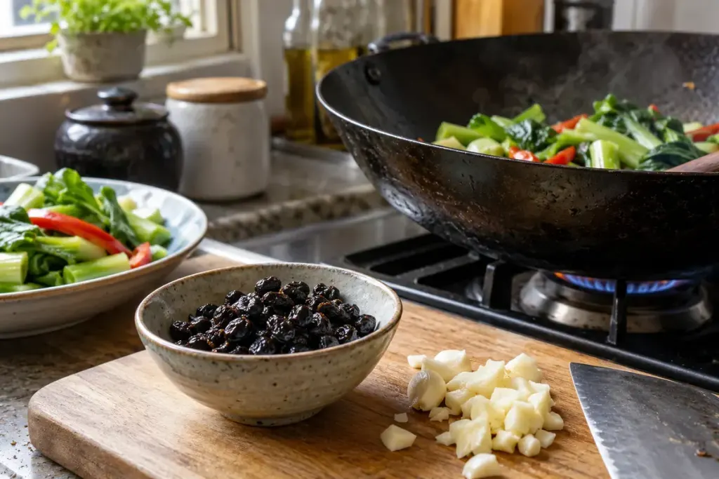 A small bowl of fermented black beans beside chopped garlic and a wok of vegetables.