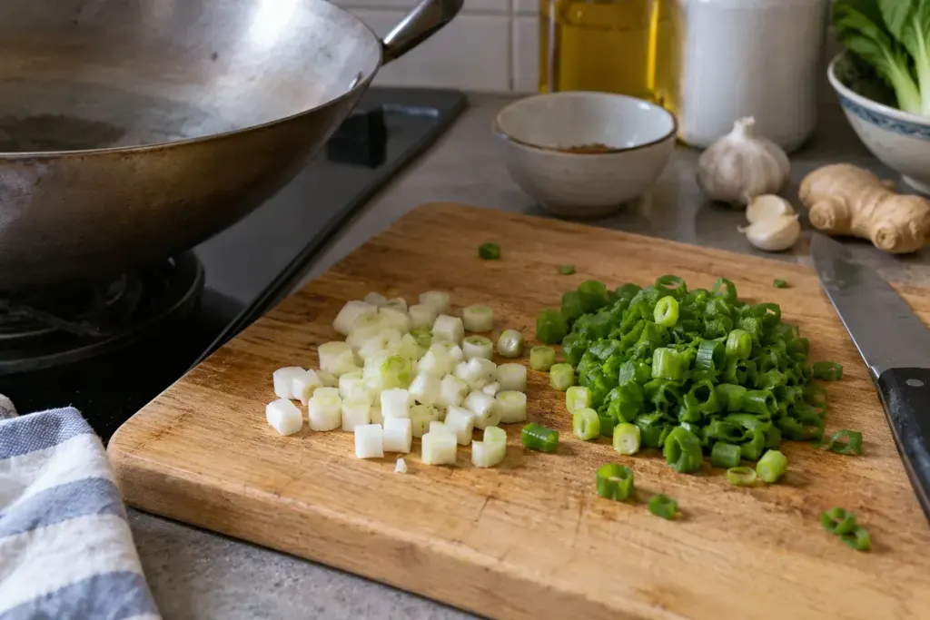 Neatly separated white and green scallion pieces on a wooden board beside a steel wok.