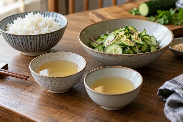 Two small bowls of rice vinegar beside a cucumber salad and plain rice in an asian home kitchen.