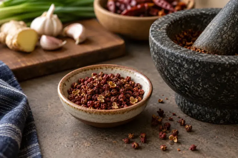 A small ceramic dish of reddish Sichuan peppercorn husks beside a mortar on a kitchen counter.