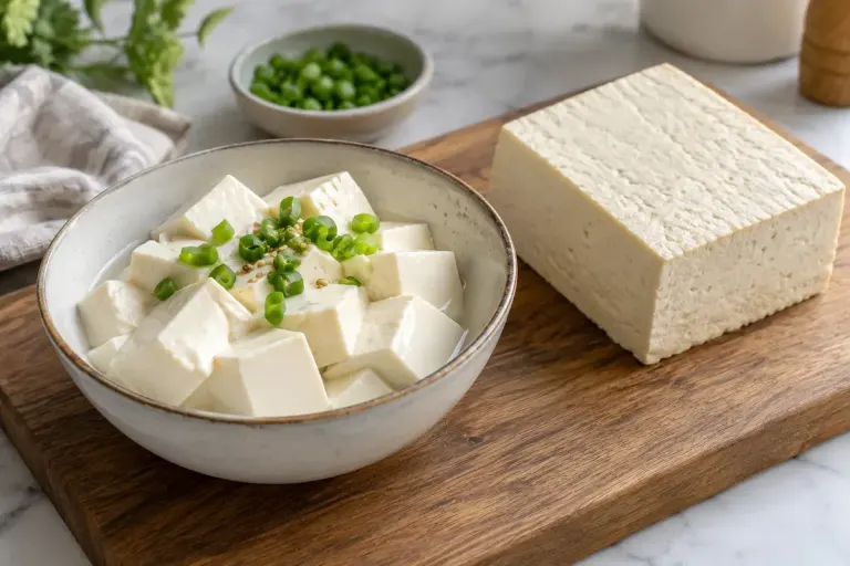 Silken tofu cubes in a shallow bowl beside a firm tofu block on a clean kitchen board.