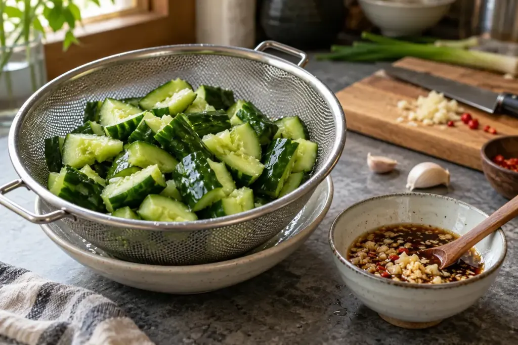 Fresh smashed cucumber pieces draining in a sieve beside a small bowl of garlic dressing in an asian home kitchen.