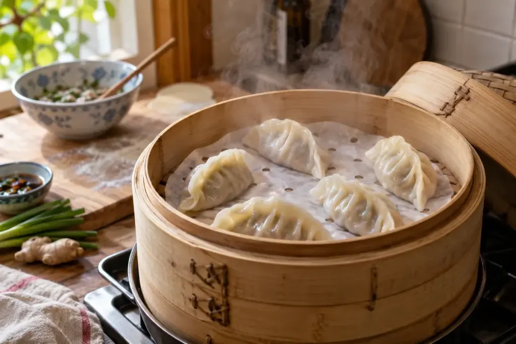 Bamboo steamer holding separated crescent dumplings on perforated parchment, gentle steam, warm chinese home kitchen close-up.