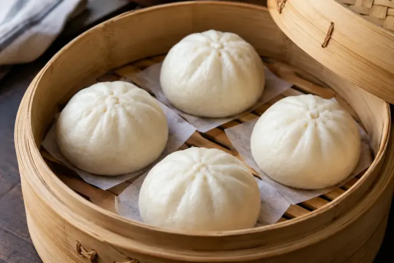 Bamboo steamer containing four round plain steamed buns well spaced on separate parchment squares.