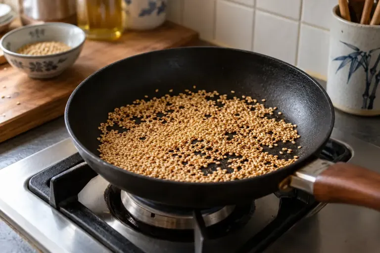 Golden sesame seeds in a small dry skillet on a Chinese home kitchen counter.