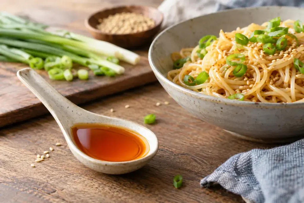 A small ceramic spoon of amber sesame oil beside cooked noodles and spring onions.