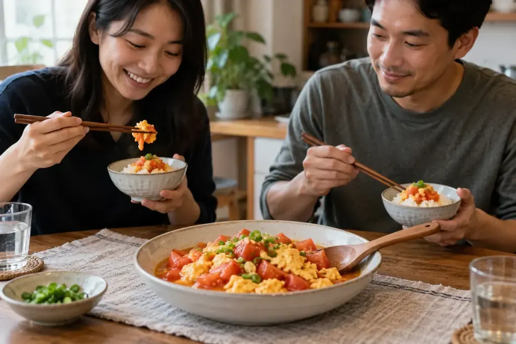 A ceramic bowl of chinese tomato and egg stir-fry with scallion garnish and steamed rice on a home table.