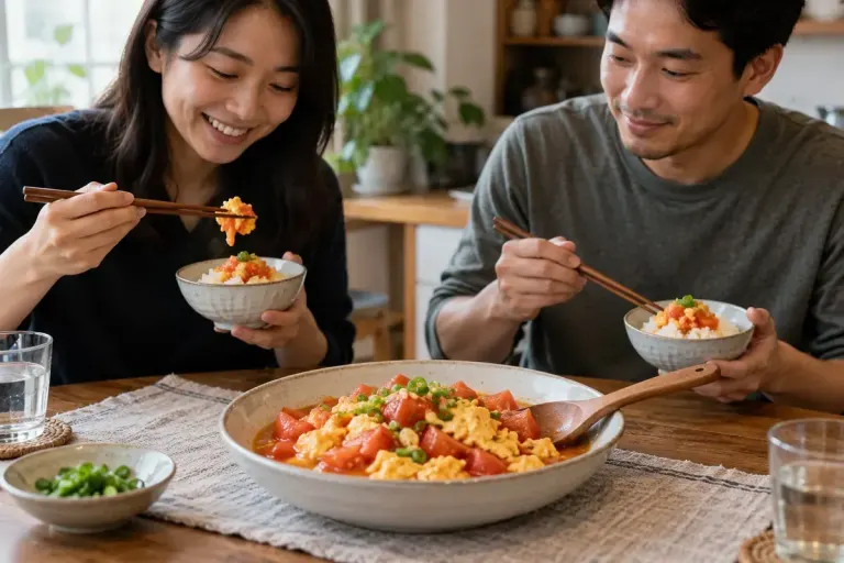A ceramic bowl of chinese tomato and egg stir-fry with scallion garnish and steamed rice on a home table.
