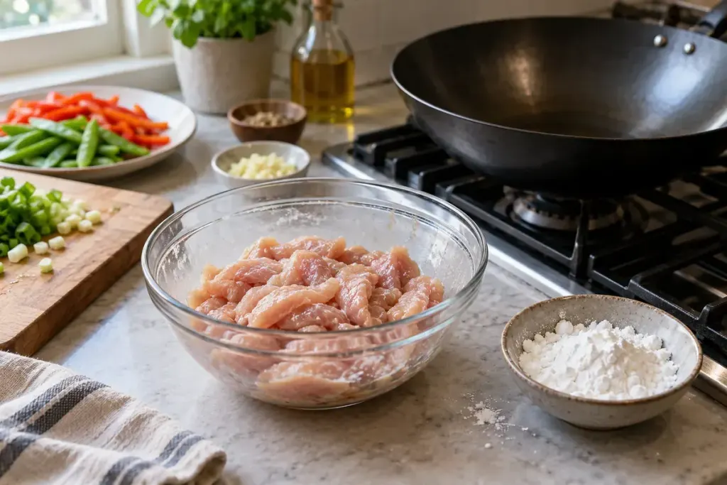 Raw sliced chicken lightly coated in a glass prep bowl beside cornstarch and a clean wok in a home kitchen.