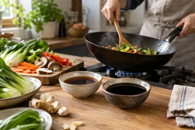 Two small ceramic bowls of different soy sauces beside vegetables and a wok in a home kitchen.